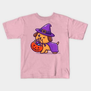 Cute Wizard Dog Bring Pumpkin Halloween Cartoon Kids T-Shirt